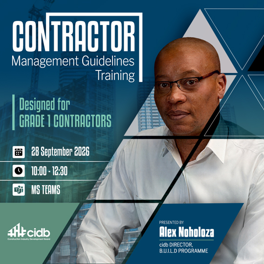 Contractor Management Guidelines Training: Alex Noholoza, CIDB Director, presenting on 28 Sept 2026